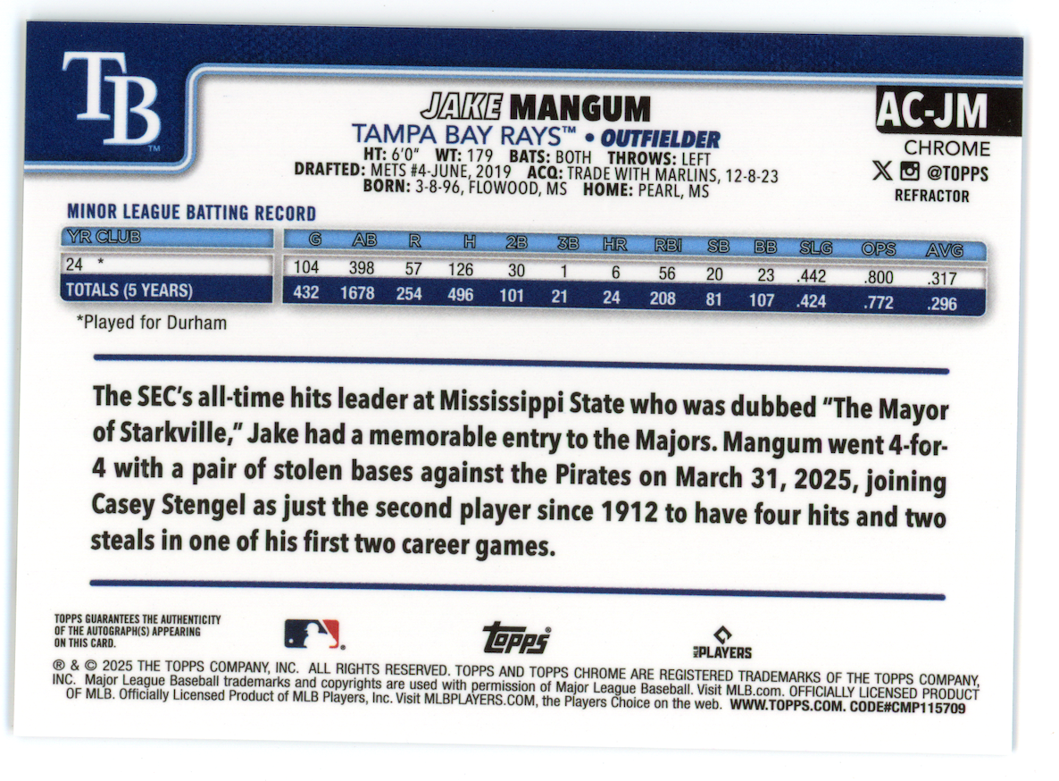 JAKE MANGUM 2025 Topps Chrome Rookie Refractor Auto /499 #AC-JM Rays