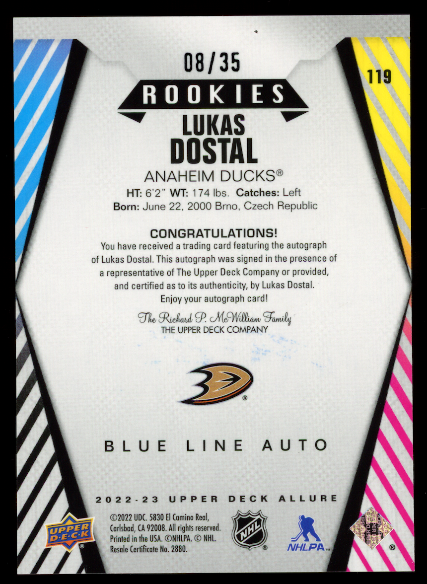 LUKAS DOSTAL 2022-23 Upper Deck Allure Blue Line Rookie Auto /35 #119 Ducks