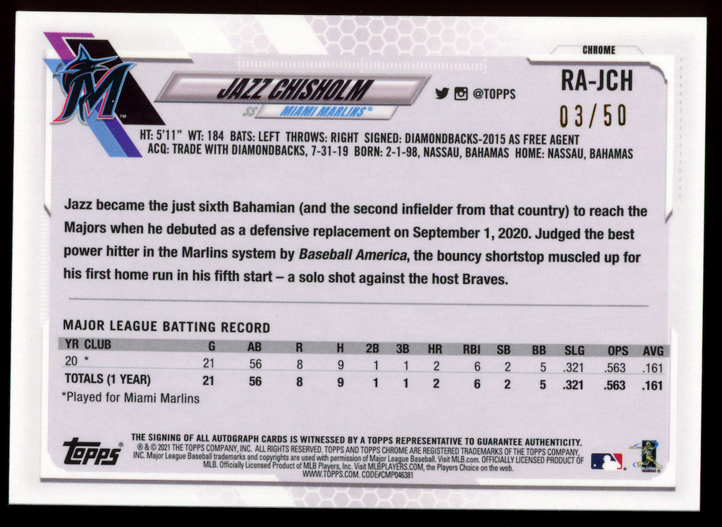 JAZZ CHISHOLM 2021 Topps Chrome Rookie Auto Gold Wave Refractor /50 #RA-JCH
