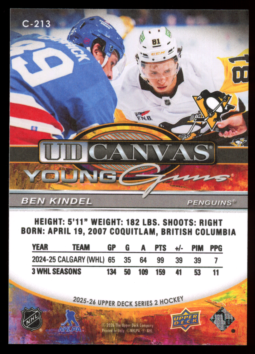 BEN KINDEL 2025-26 Upper Deck Series 2 UD Canvas Young Guns #C-213 Penguins