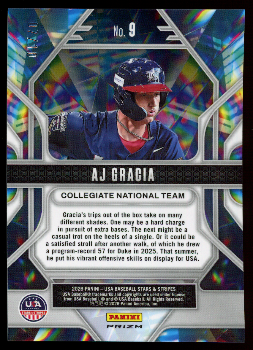 AJ GRACIA 2026 Panini USA Baseball Stars Stripes Prizmatic Gold Prizm /10 #9
