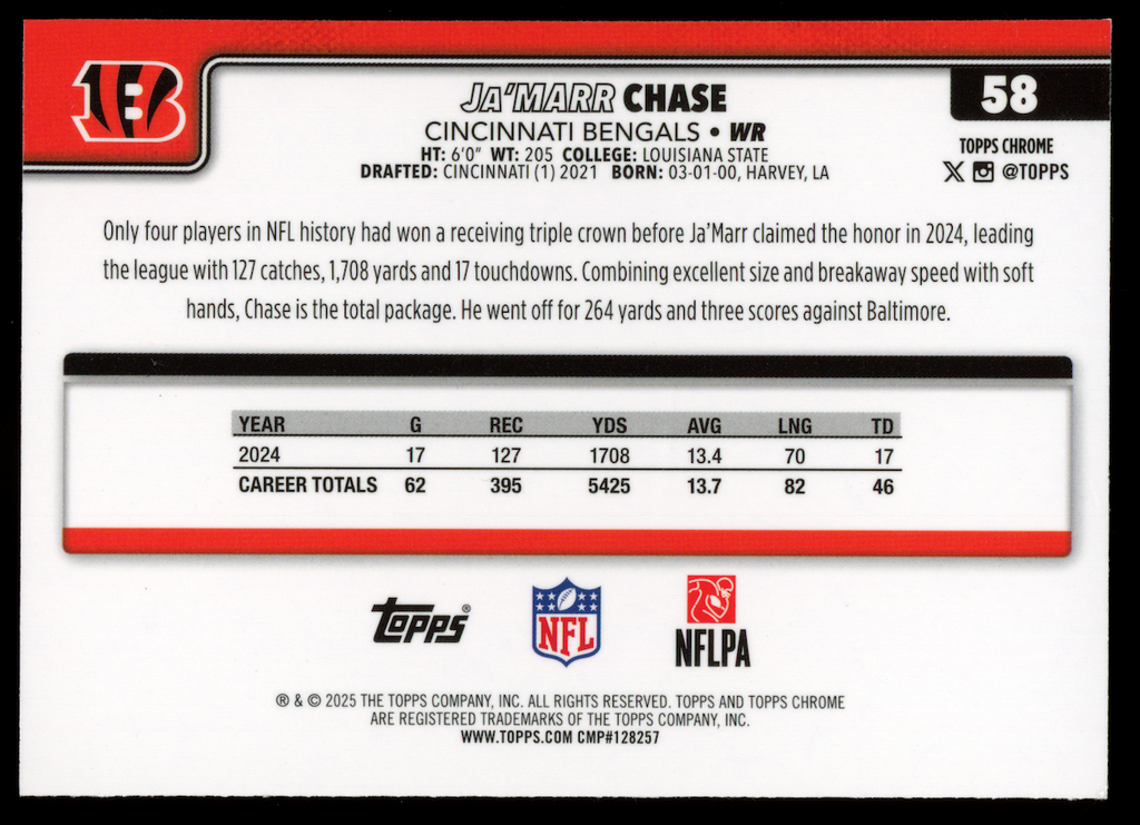 JA'MARR CHASE 2025 Topps Chrome True Blue Refractor /150 #58 Bengals