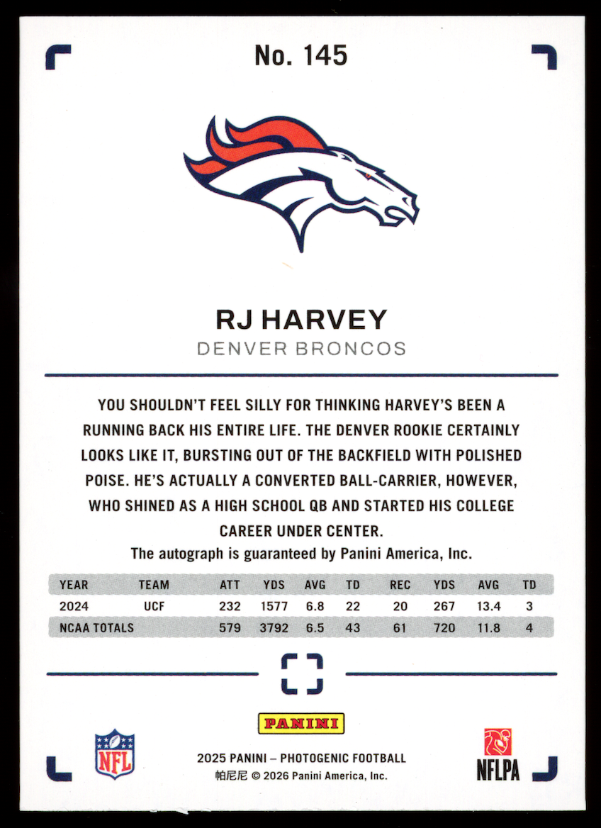 RJ HARVEY 2025 Panini Photogenic Rookie Auto Gold /10 #145 Broncos