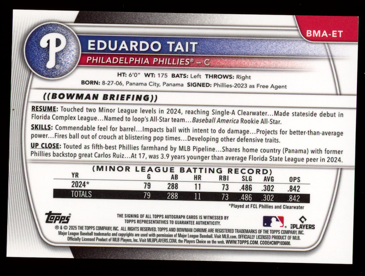 EDUARDO TAIT 2025 Bowman Chrome Mega Blue Mojo Refractor Auto /150 #BMA-ET
