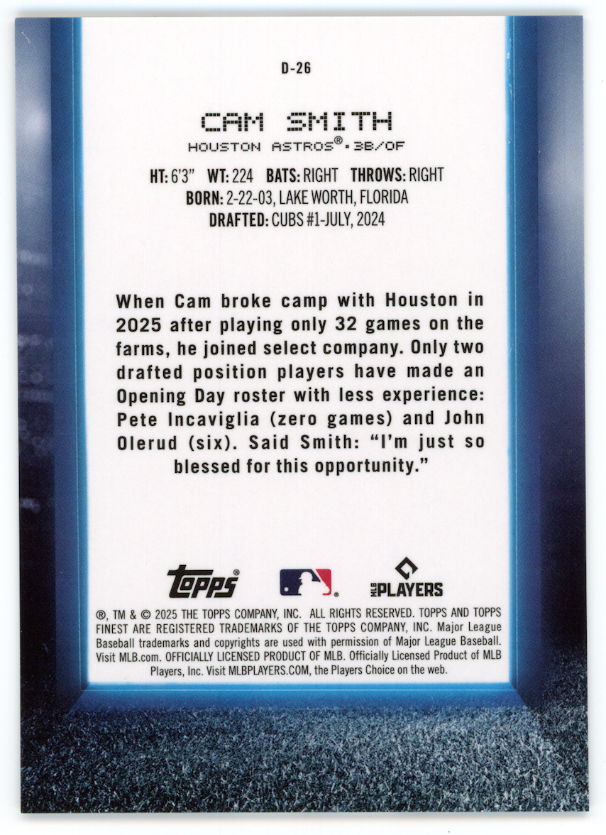 CAM SMITH 2025 Topps Finest Rookie Debut Gold Refractor /50 #D-26 Astros