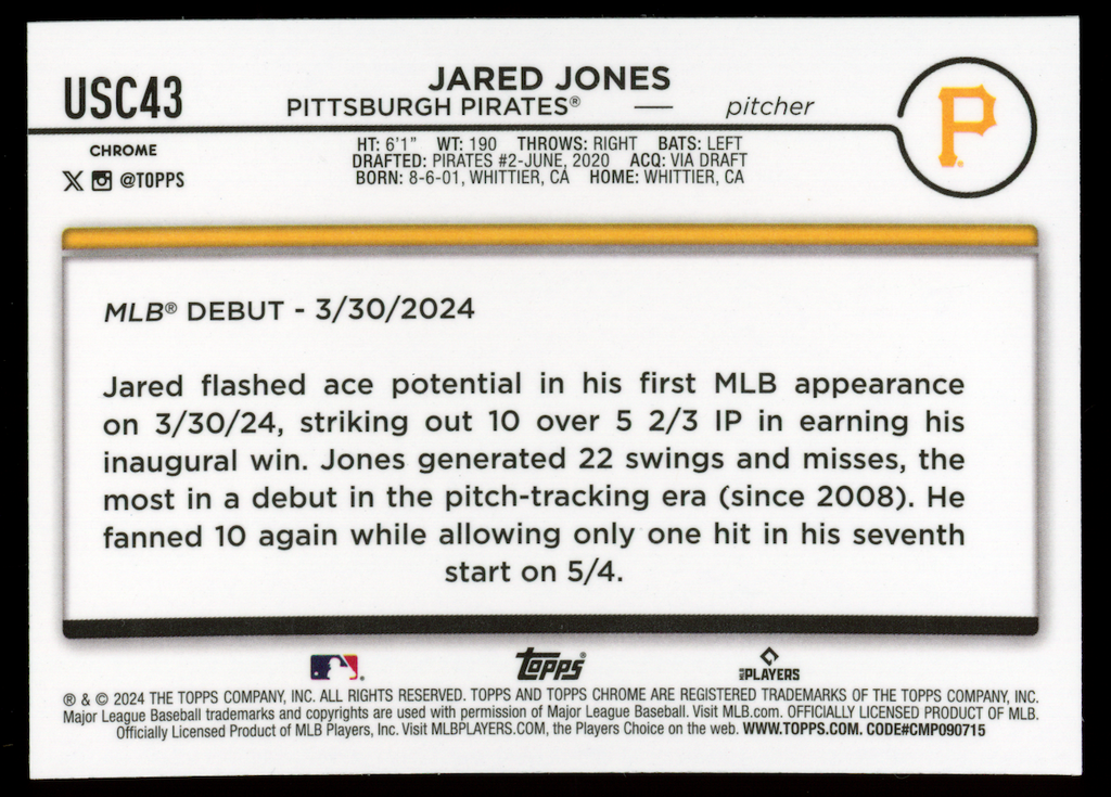 JARED JONES 2024 Topps Chrome Update Rookie Gold Mini Diamond /50 #USC43