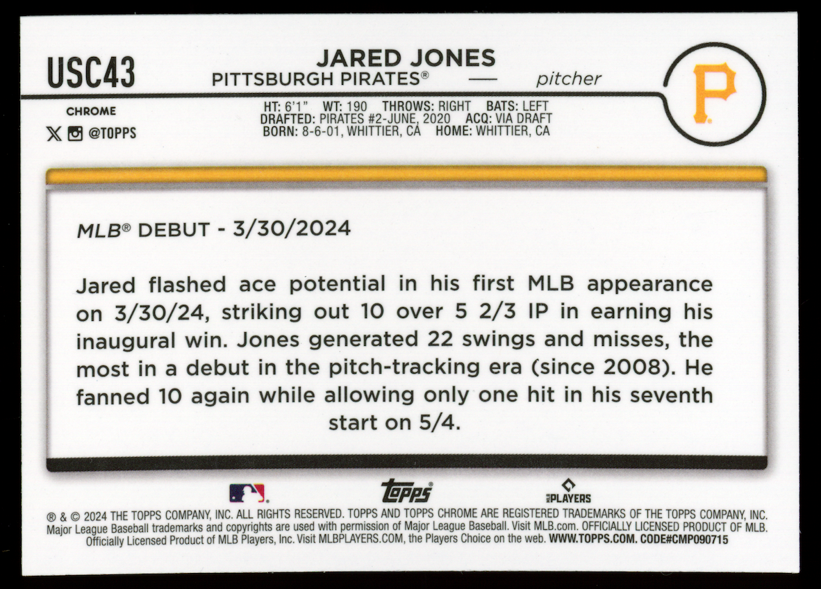 JARED JONES 2024 Topps Chrome Update Rookie Gold Mini Diamond /50 #USC43