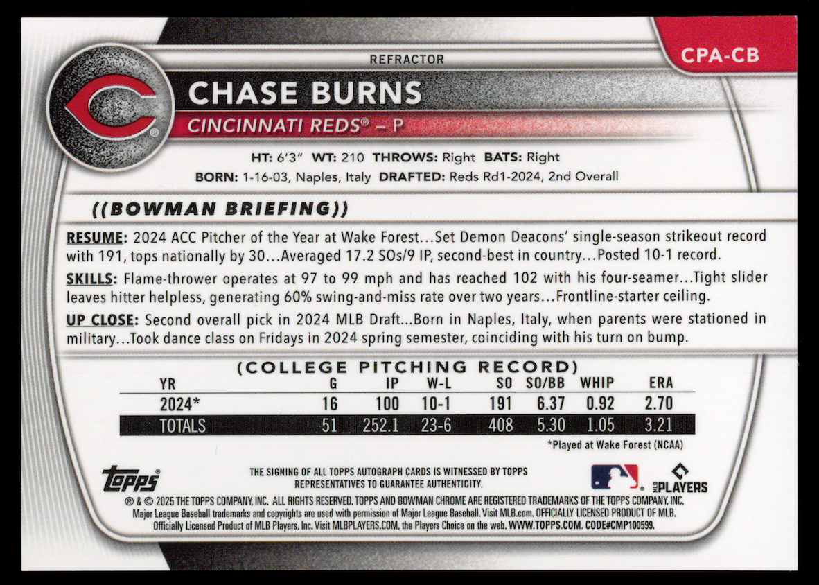 CHASE BURNS 2025 Bowman Chrome Prospect Refractor Auto /499 #CPA-CB Reds