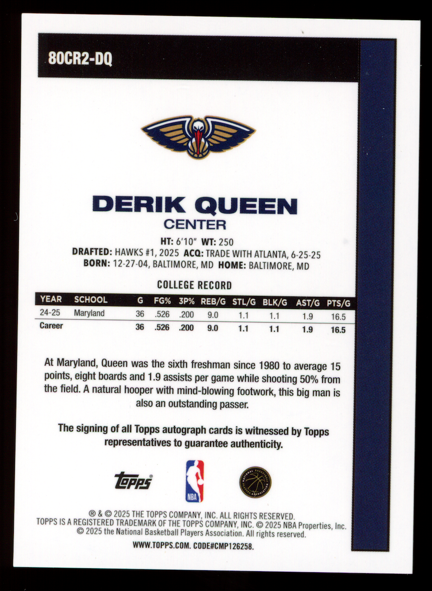 DERIK QUEEN 2025-26 Topps Chrome Mojo Refractor Rookie Auto #80CR2-DQ Pelicans