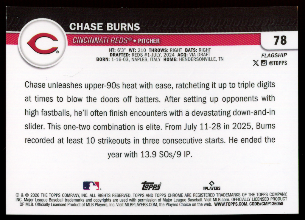 CHASE BURNS 2026 Topps Flagship Chrome Gold Refractor Rookie /50 #78 Reds