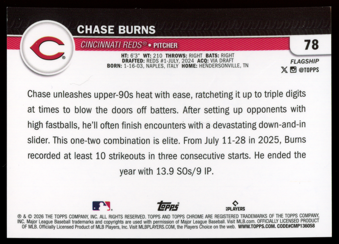 CHASE BURNS 2026 Topps Flagship Chrome Gold Refractor Rookie /50 #78 Reds