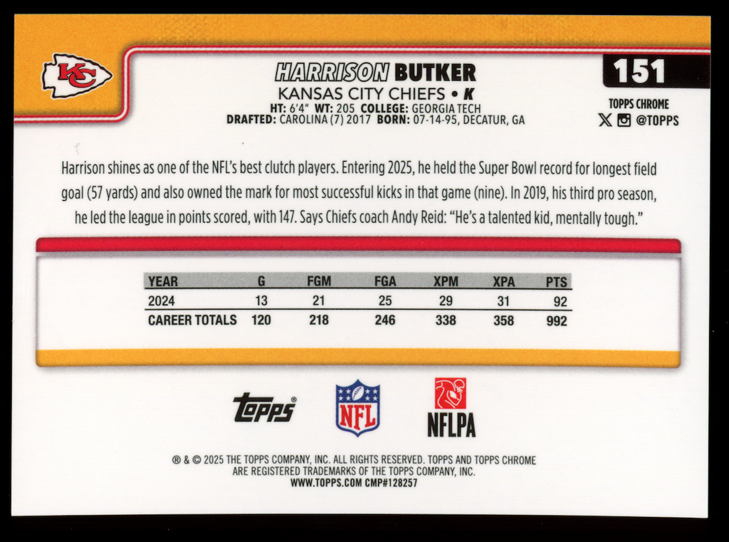 HARRISON BUTKER 2025 Topps Chrome Red Leather Refractor /5 #151 Chiefs
