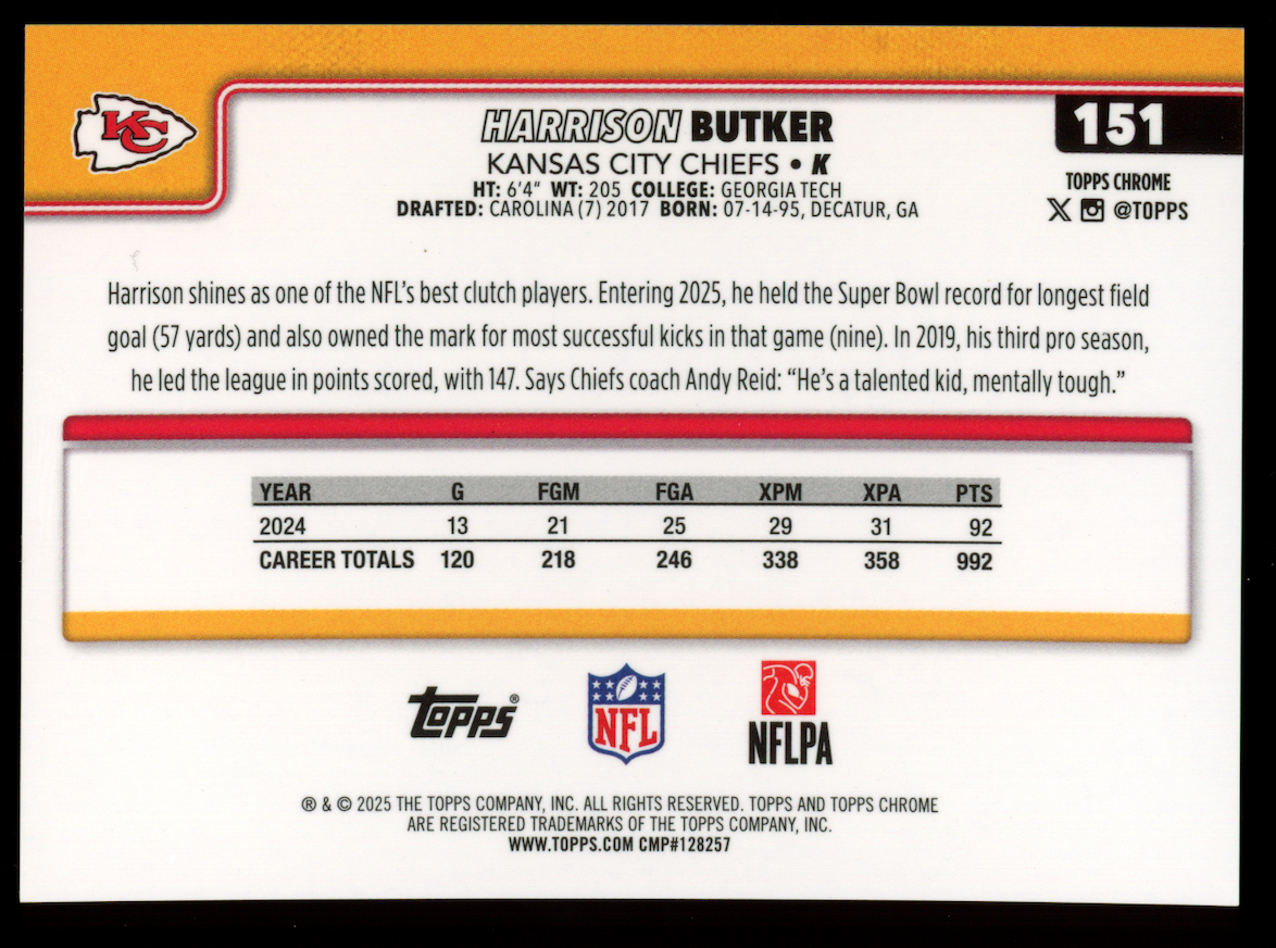 HARRISON BUTKER 2025 Topps Chrome Red Leather Refractor /5 #151 Chiefs