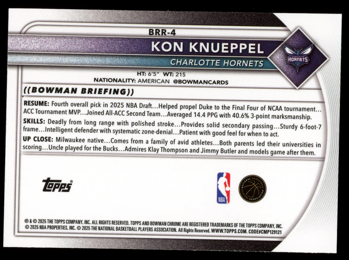 KON KNUEPPEL 2025-26 Bowman Chrome Red Rookie Variation SP #BRR-4 Hornets