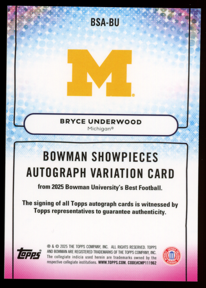 BRYCE UNDERWOOD 2025 Bowman U Best Showpieces Auto #BSA-BU Michigan