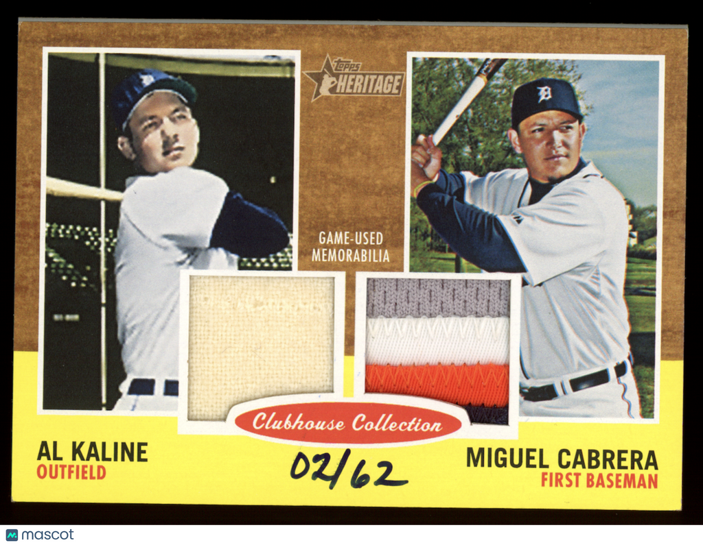AL KALINE MIGUEL CABRERA 2011 Topps Heritage Clubhouse Dual Patch /62 #CCDR-KC