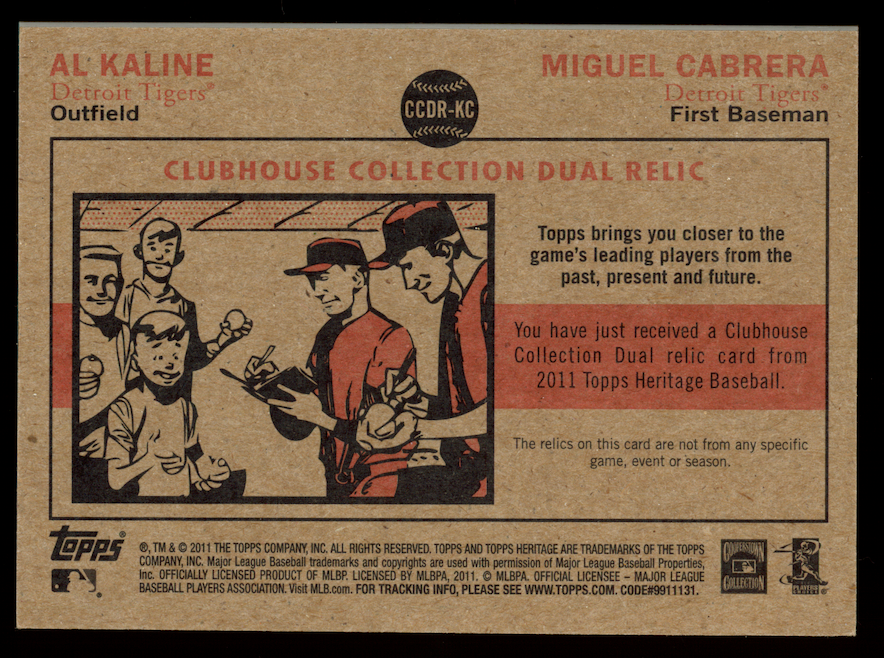 AL KALINE MIGUEL CABRERA 2011 Topps Heritage Clubhouse Dual Patch /62 #CCDR-KC