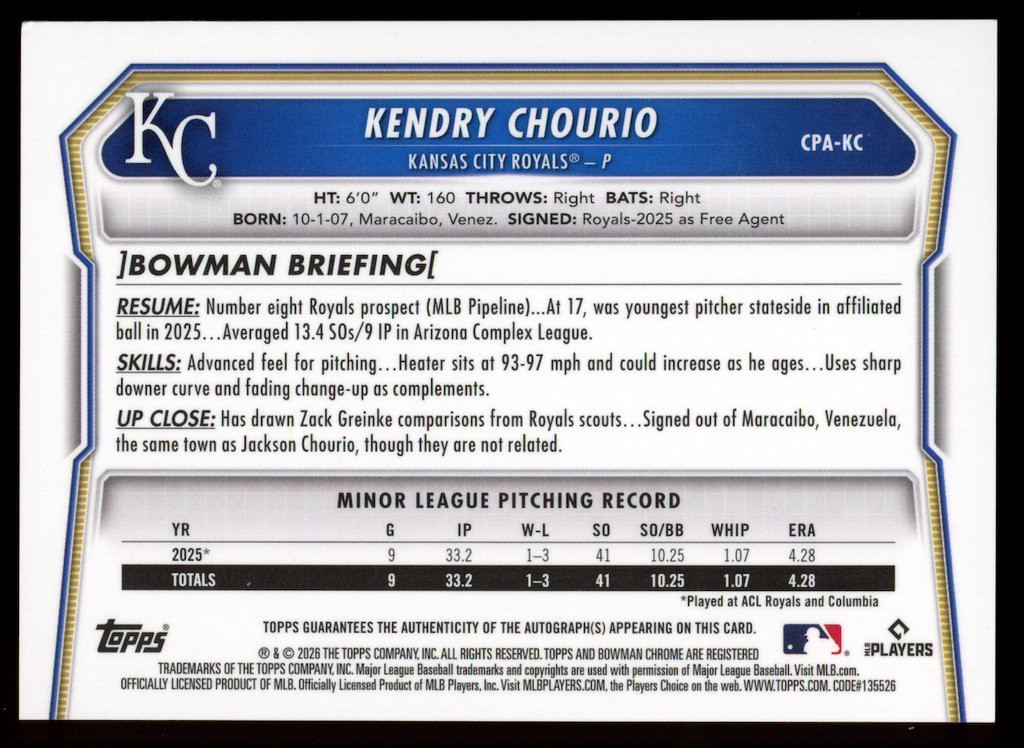 KENDRY CHOURIO 2026 Bowman Chrome 1st Prospect Auto Yellow X-Fractor /75 #CPA-KC
