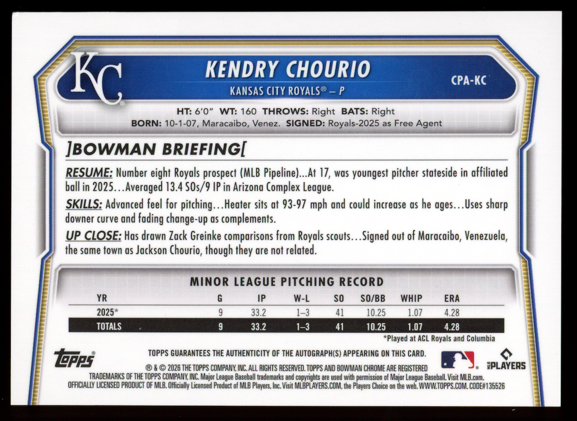 KENDRY CHOURIO 2026 Bowman Chrome 1st Prospect Auto Yellow X-Fractor /75 #CPA-KC
