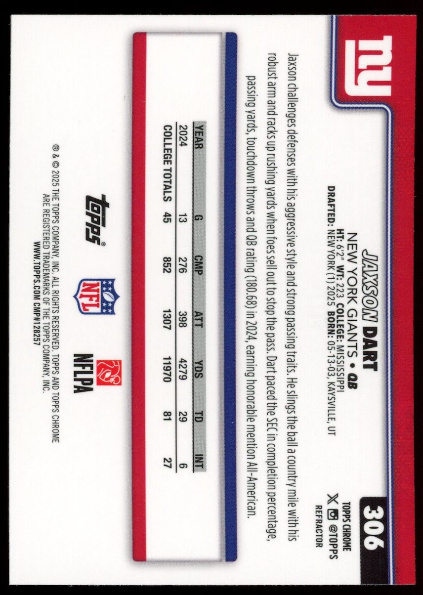 JAXSON DART 2025 Topps Chrome Rookie Refractor #306 Giants