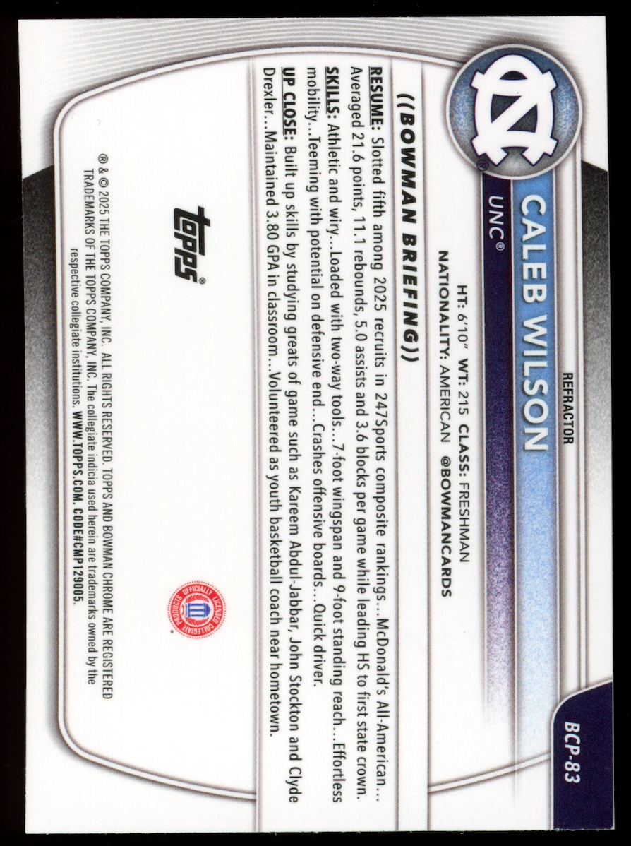 CALEB WILSON 2025-26 Bowman Chrome University Refractor /499 #BCP-83 UNC