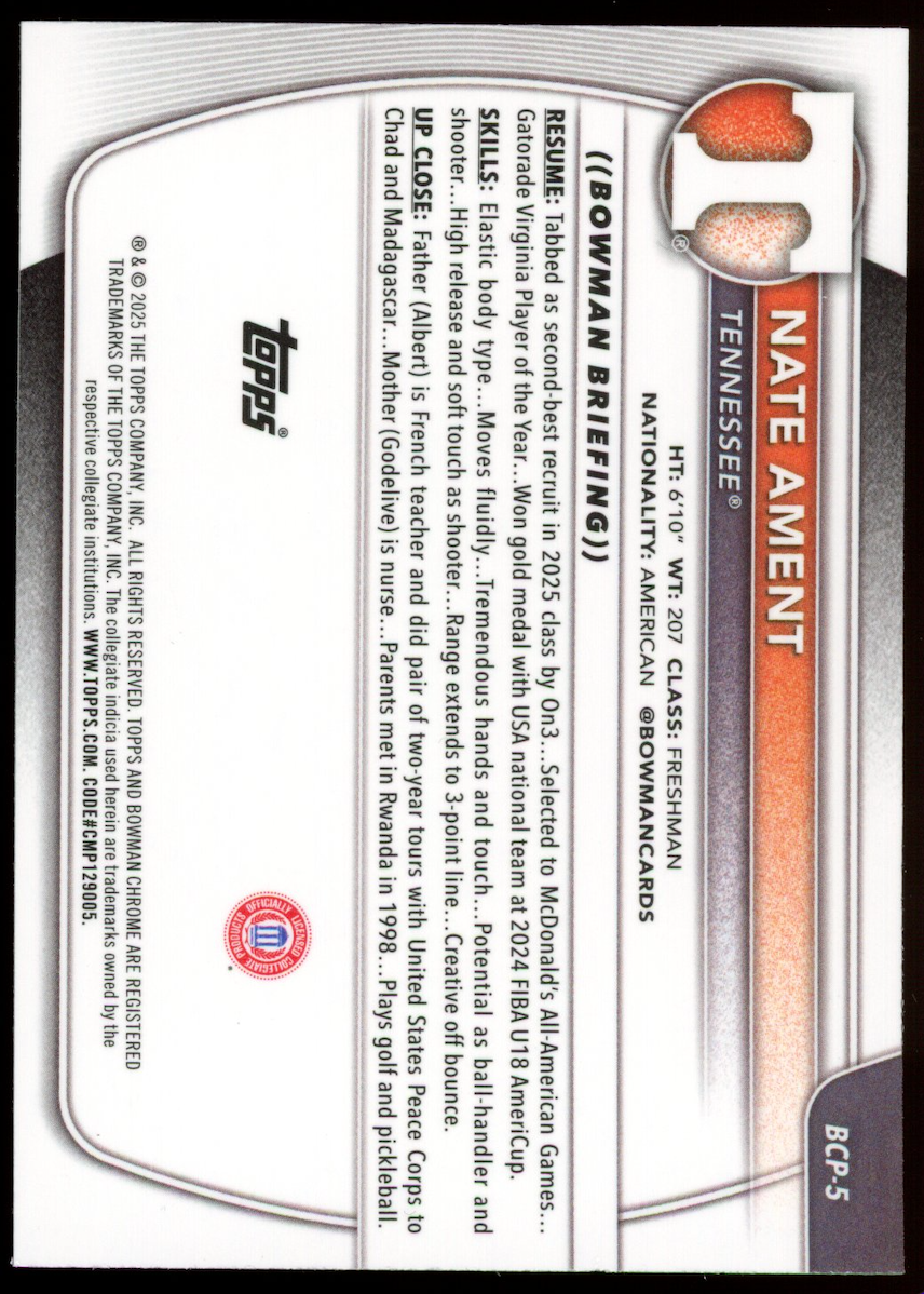 NATE AMENT 2025-26 Bowman Chrome University 1st Green Refractor /99 #BCP-5