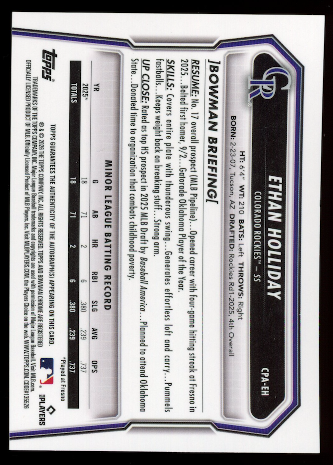 ETHAN HOLLIDAY 2026 Bowman Chrome 1st Prospect Yellow X-Fractor Auto /75 #CPA-EH