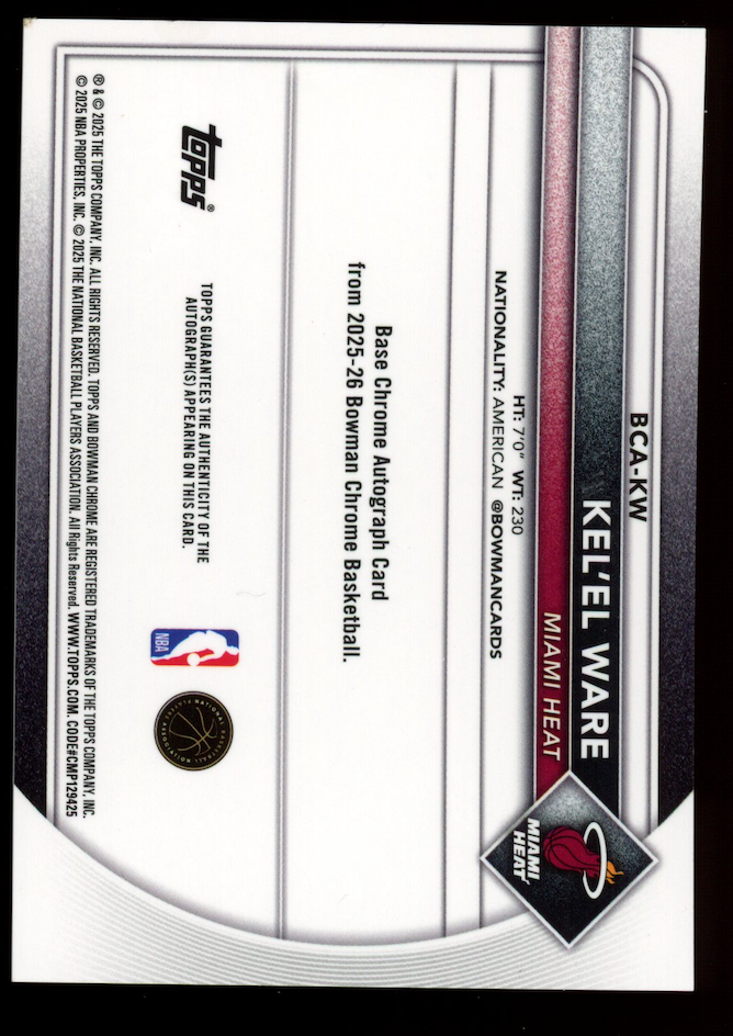 KEL'EL WARE 2025-26 Bowman Chrome Orange Refractor Auto /25 #BCA-KW
