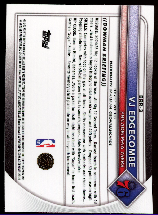 VJ EDGECOMBE 2025-26 Bowman Chrome Red Rookie Variation SP #BRR-3 76ers
