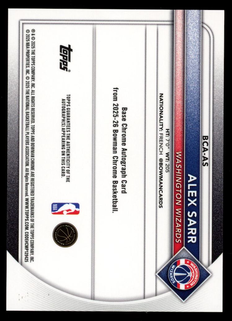 ALEX SARR 2025-26 Bowman Chrome Blue Refractor Auto /150 #BCA-AS Wizards