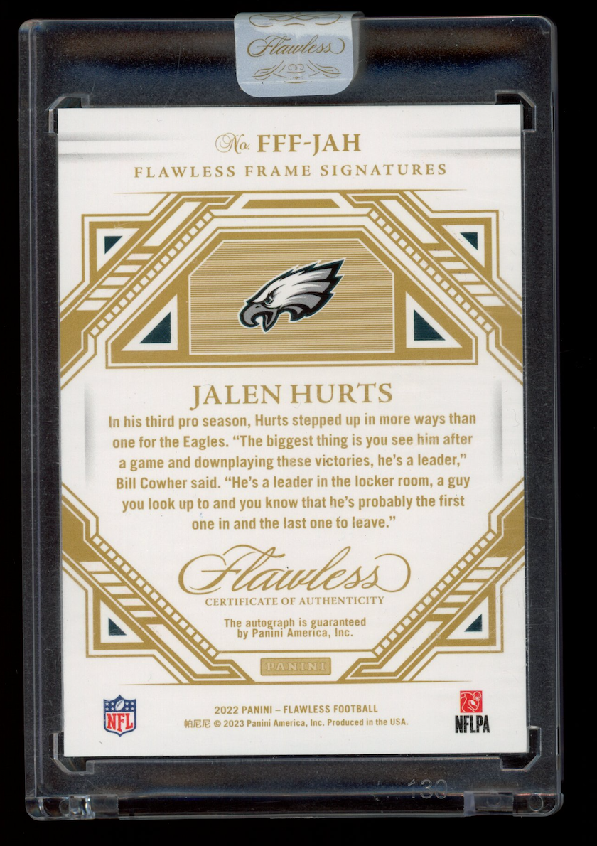 JALEN HURTS 2023 Panini Flawless Frame Gold and Ruby Auto /3 #FFF-JAH Eagles
