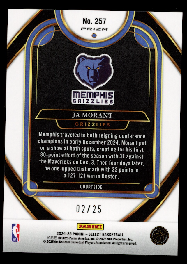 JA MORANT 2024-25 Panini Select Courtside Blue Disco Prizm /25 #257 Grizzlies