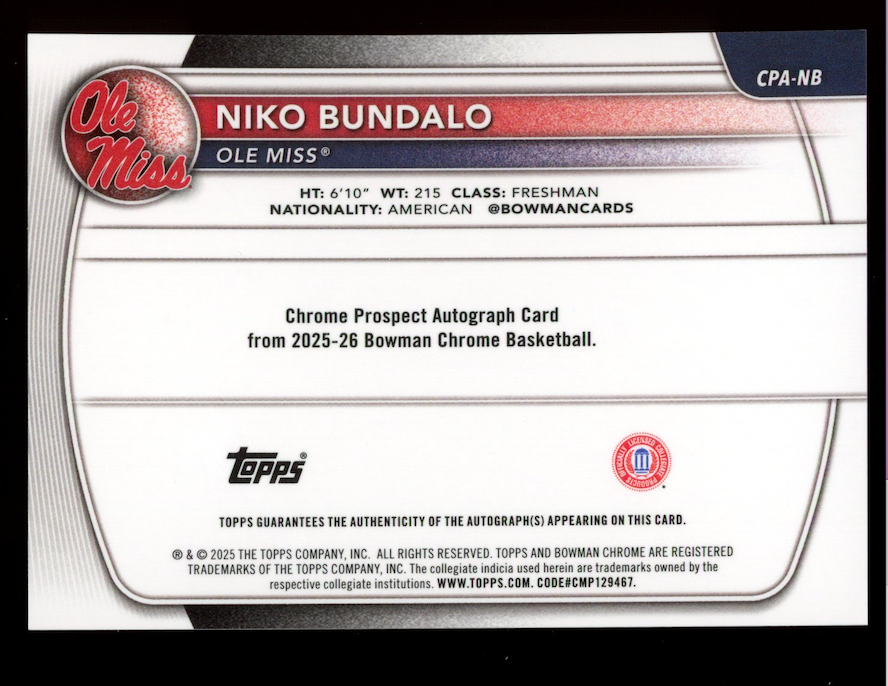 NIKO BUNDALO 2025-26 Bowman Chrome 1st Auto Orange Reptillian /25 #CPA-NB