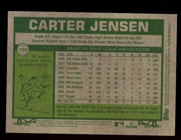 CARTER JENSEN 2026 Topps Heritage Rookie Dark Yellow SP #199 Royals