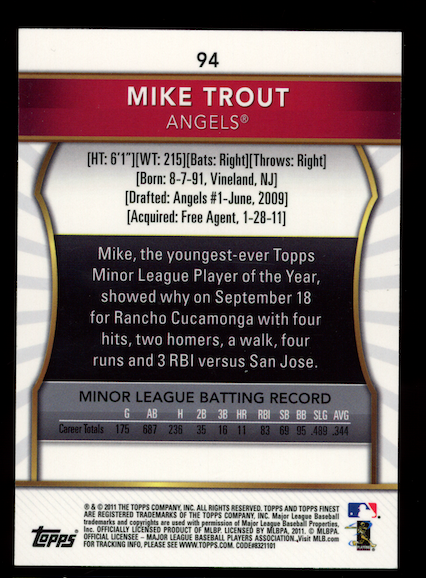 MIKE TROUT 2011 Topps Finest Rookie Card #94 Los Angeles Angels