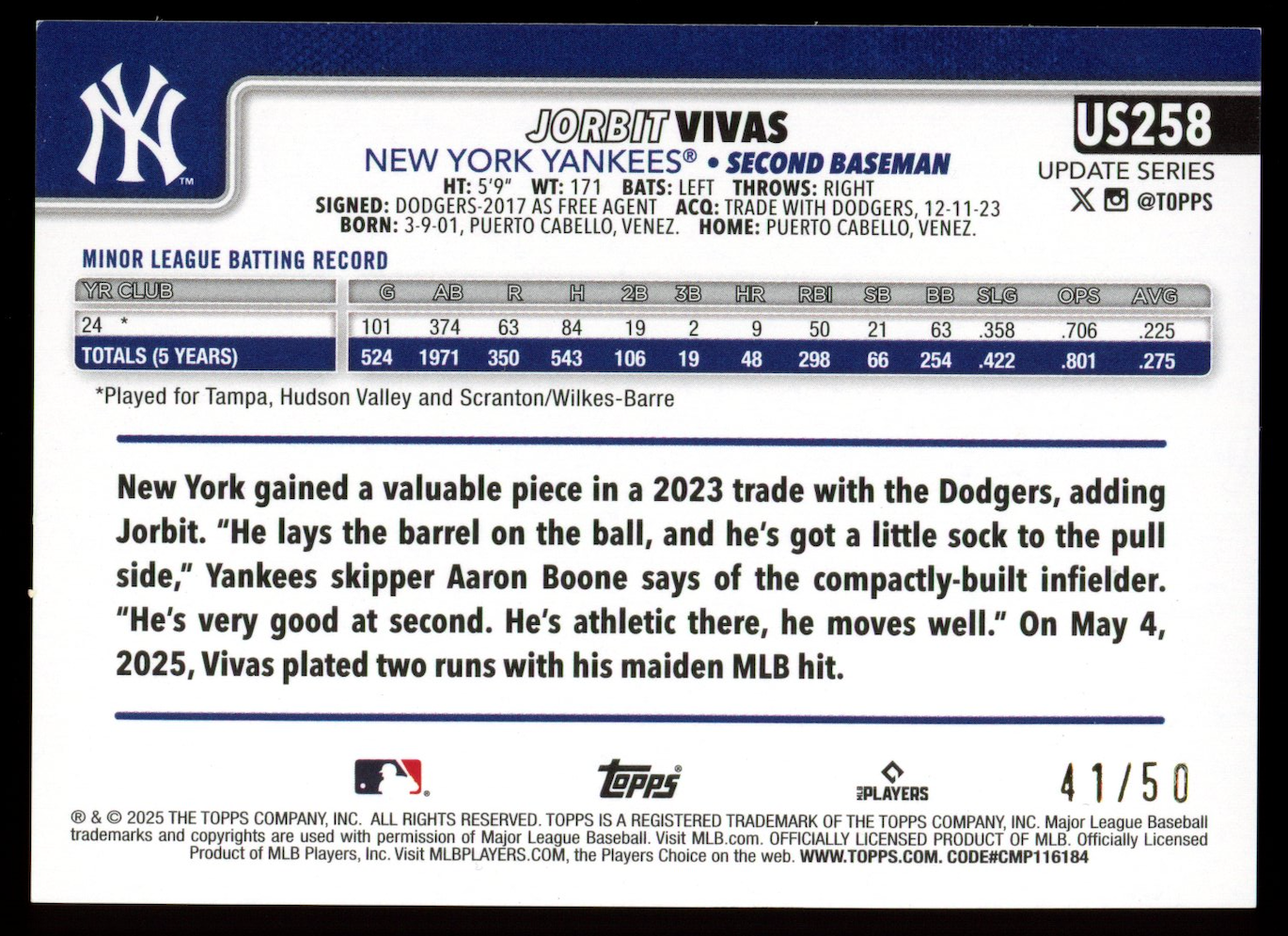 JORBIT VIVAS 2025 Topps Update Series Canvas Rookie SP /50 #US258 Yankees