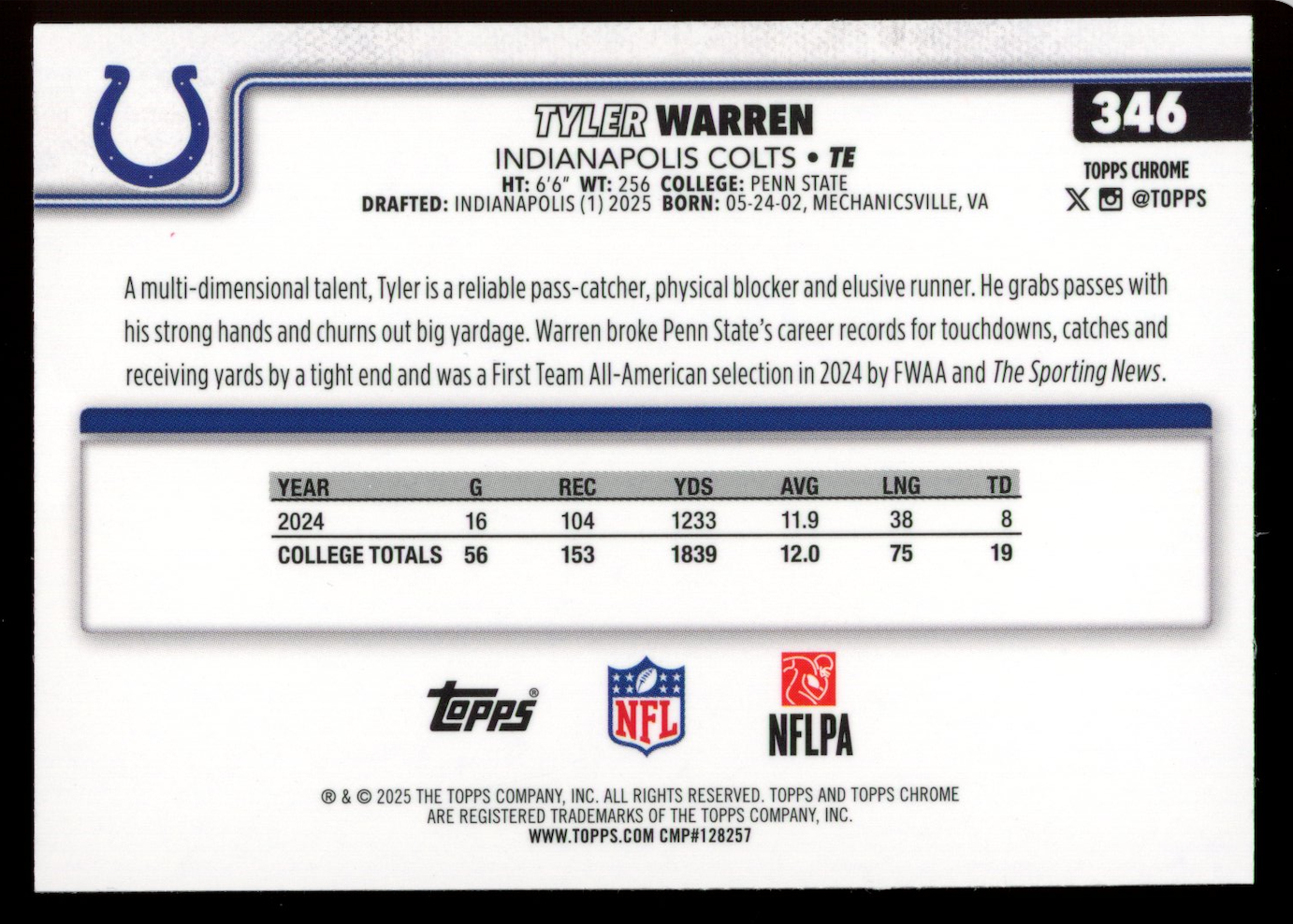 TYLER WARREN 2025 Topps Chrome Rookie Blue Refractor /150 #346 Colts