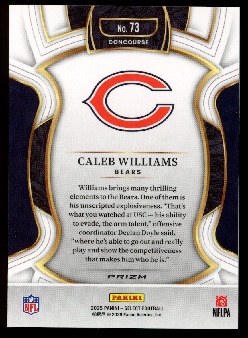 CALEB WILLIAMS 2025 Panini Select Concourse Zebra Prizm Case Hit SSP #73 Bears