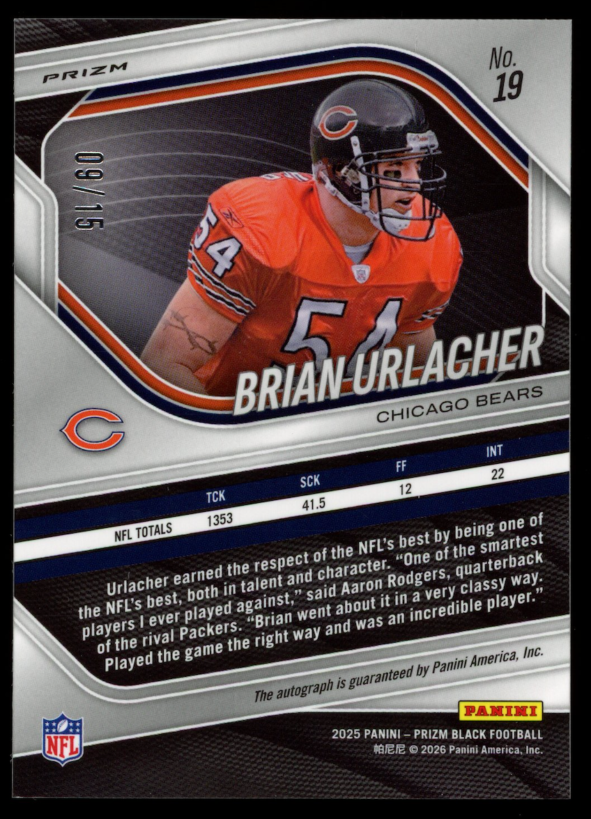 BRIAN URLACHER 2025 Panini Prizm Black Blue Shimmer FOTL Auto /15 #19 Bears