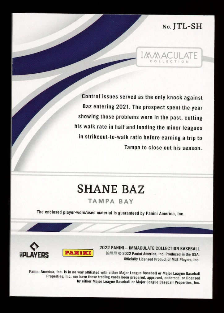 SHANE BAZ 2022 Panini Immaculate Cleats Logo Patch /2  Mike Trout JTL-SH Rays
