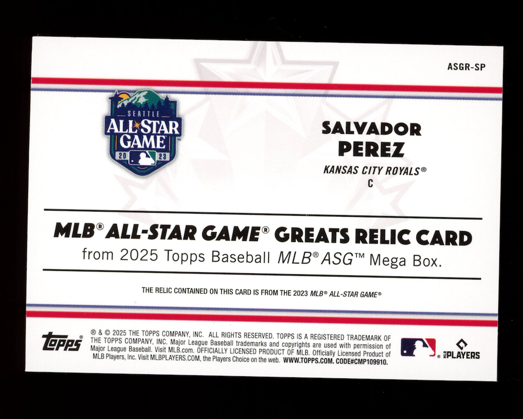 SALVADOR PEREZ 2025 Topps MLB All-Star Game Greats Patch Red /5 #ASGR-SP Royals