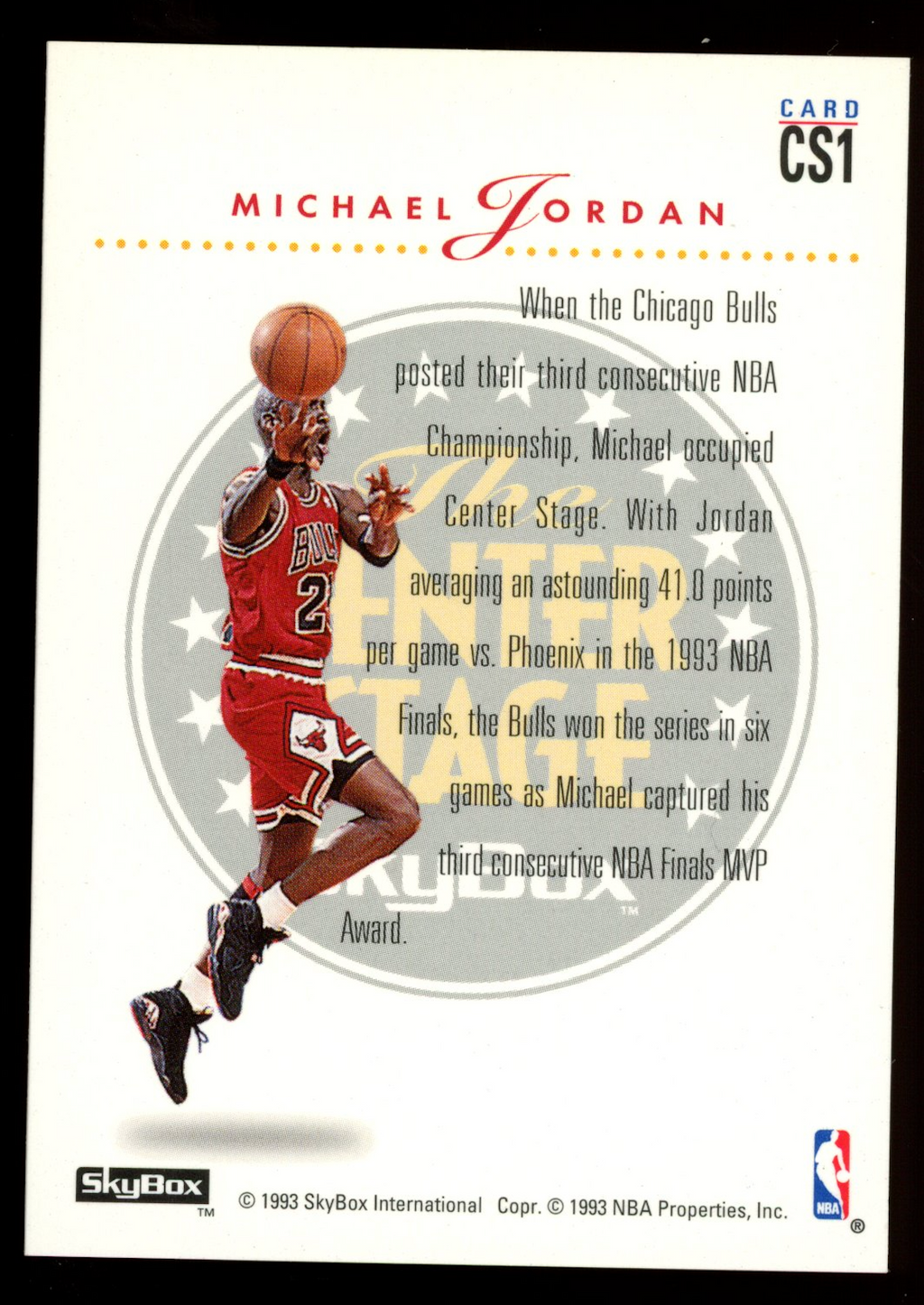 MICHAEL JORDAN 1993-94 SkyBox The Center Stage #CS1 Chicago Bulls