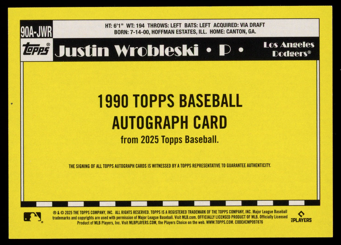 JUSTIN WROBLESKI 2025 Topps 1990 35th Anniversary Rookie Auto #90A-JWR Dodgers