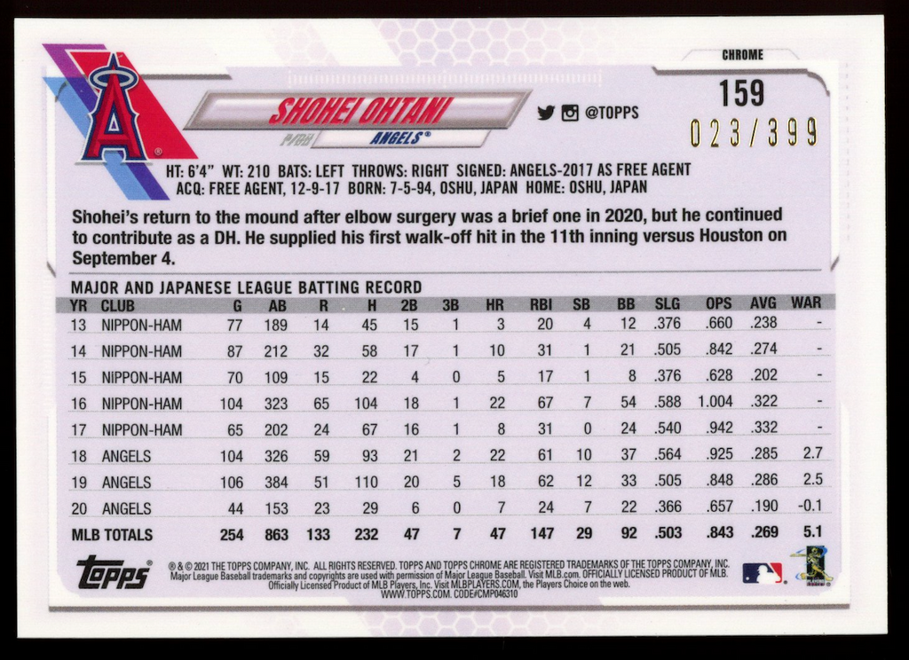 SHOHEI OHTANI 2021 Topps Chrome Magenta Refractor /399 #159 Angels