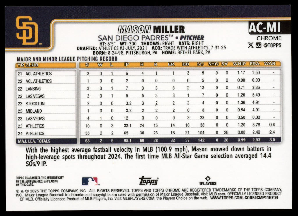 MASON MILLER 2025 Topps Chrome Update Auto Green Refractor /99 #AC-MI