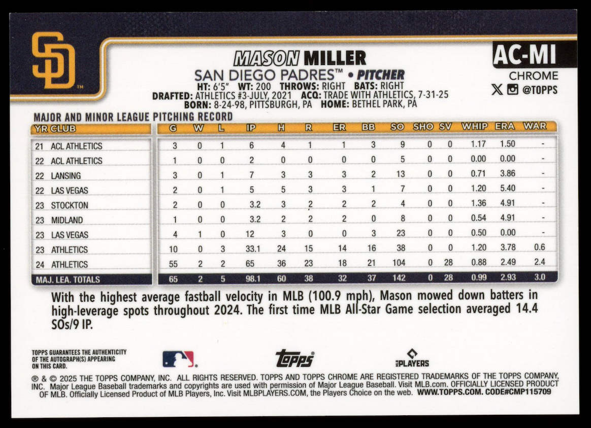 MASON MILLER 2025 Topps Chrome Update Auto Green Refractor /99 #AC-MI