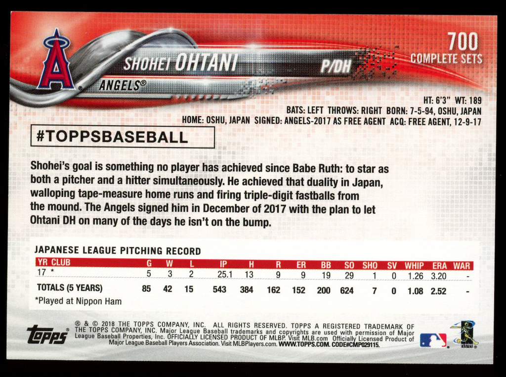 SHOHEI OHTANI 2018 Topps Rookie Complete Set Pitching Variation #700 Angels