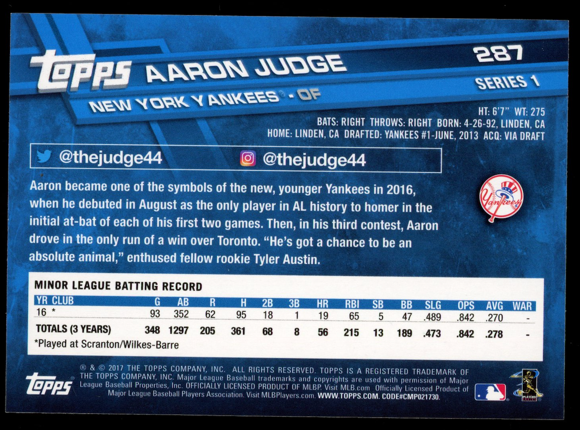 AARON JUDGE 2017 Topps Series 1 Rookie All-Star Game Foil #287 Yankees