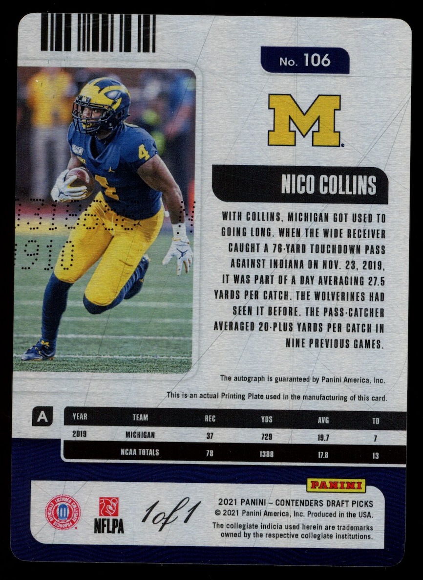 NICO COLLINS 2021 Panini Contenders Rookie Ticket Auto Black Printing Plate 1/1