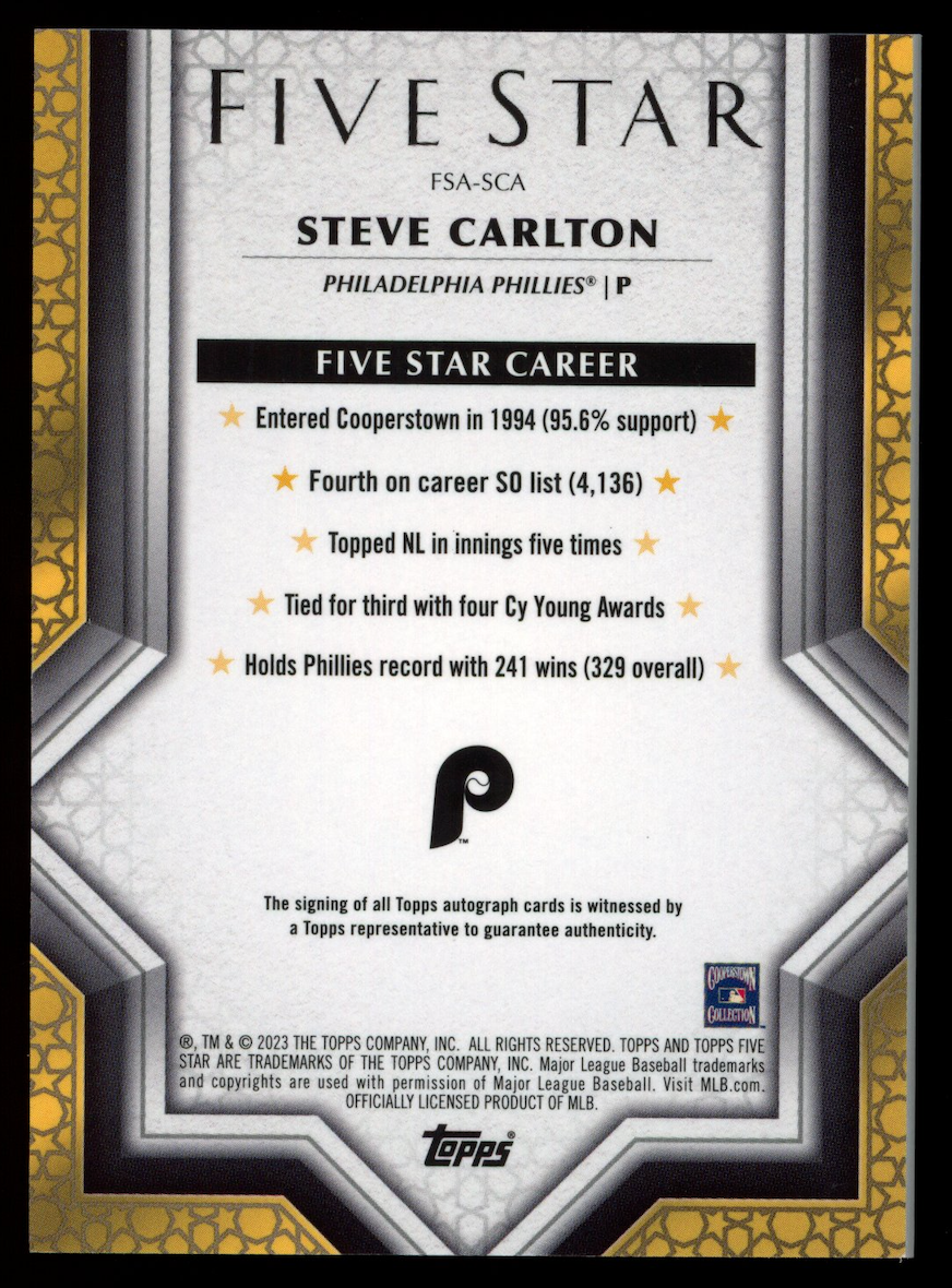 STEVE CARLTON 2023 Topps Five Star Gold Auto /10 #FSA-SCA Phillies HOF